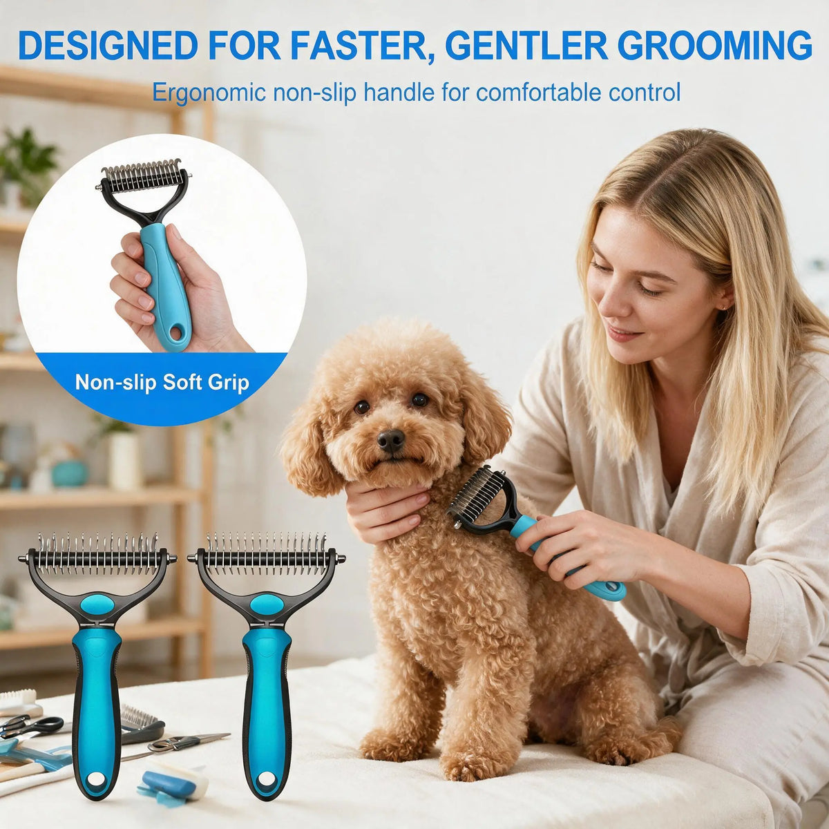 Maxpower Planet Dog Grooming Rake, Deshedding Undercoat Brush, Dogs & Cats | Blue Deshedding & Dematting, Extra-Wide Double-Sided Comb, Long-Haired Coats, Reduces Shedding, Original Design