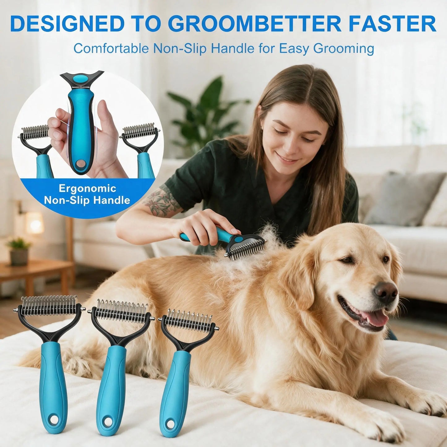 Maxpower Planet Dog Grooming Rake, Deshedding Undercoat Brush, Dogs & Cats | Blue Deshedding & Dematting, Extra-Wide Double-Sided Comb, Long-Haired Coats, Reduces Shedding, Original Design